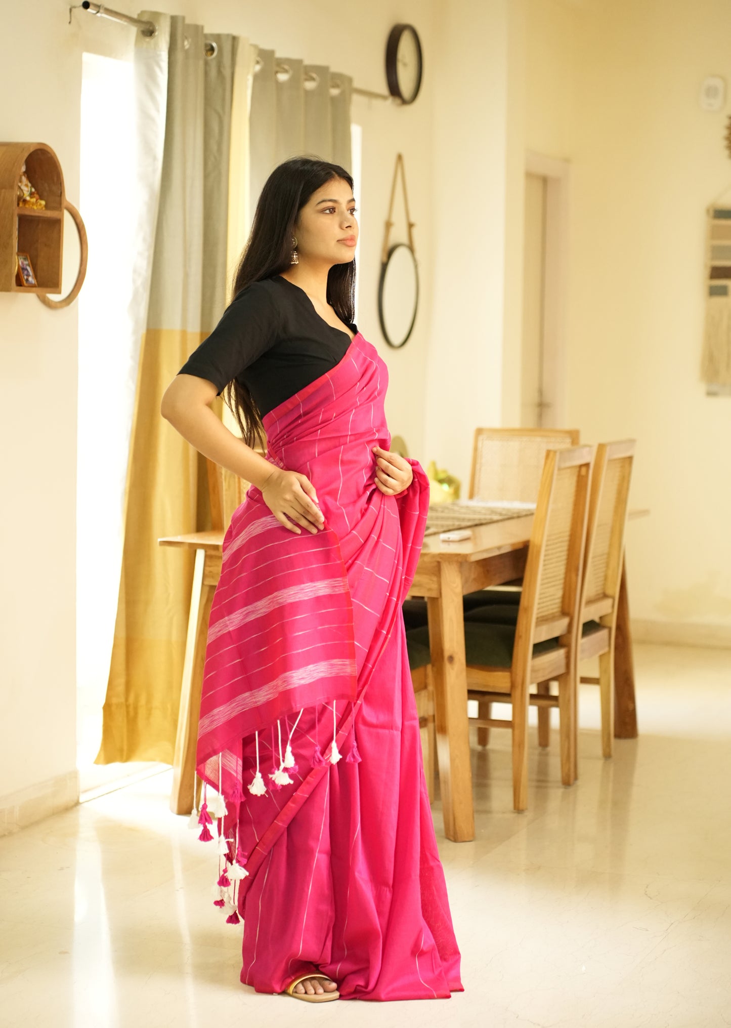 Blush Lines – Pink & White Striped Cotton Saree