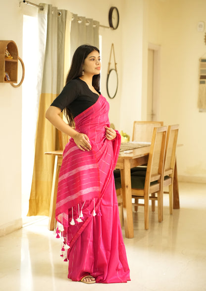 Blush Lines – Pink & White Striped Cotton Saree