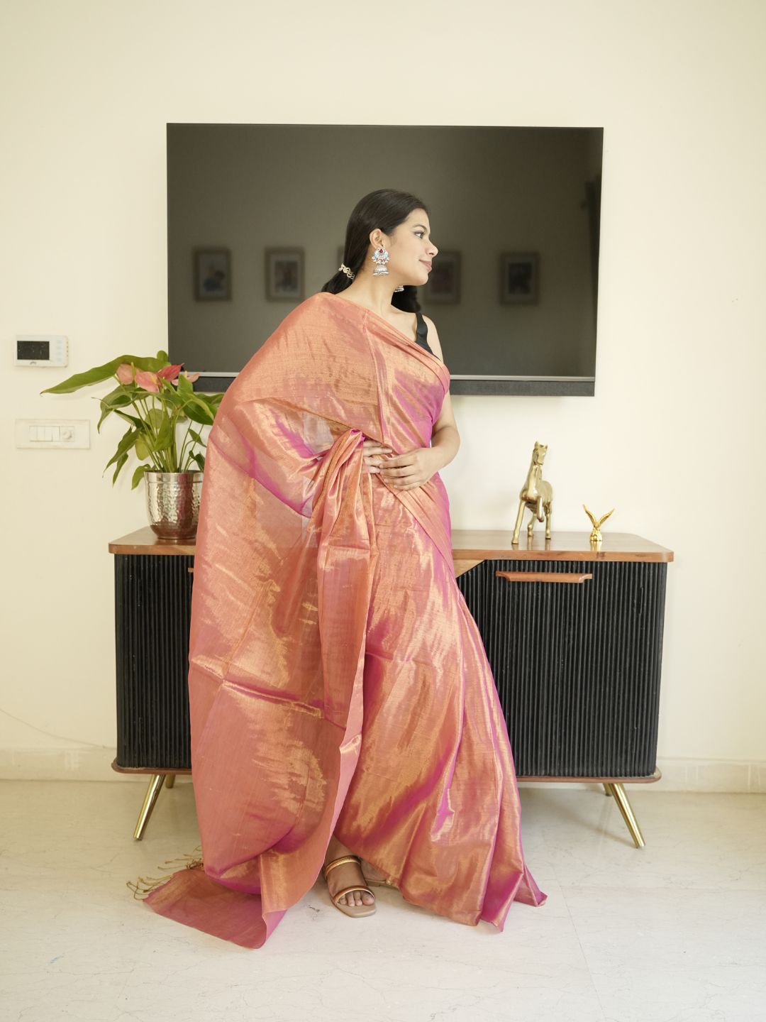 Orange Glass Tissue Saree