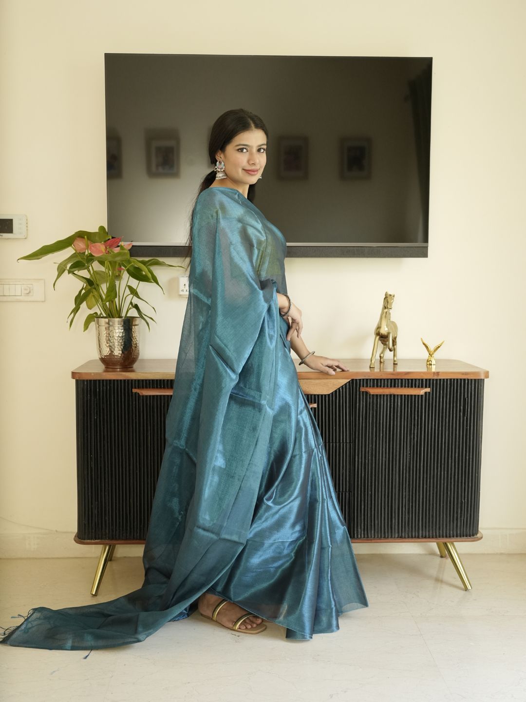 Blue Glass Tissue Silk Saree
