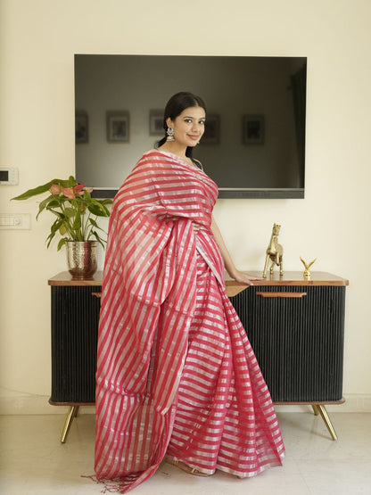 Red Saree With Silver Zari Striped