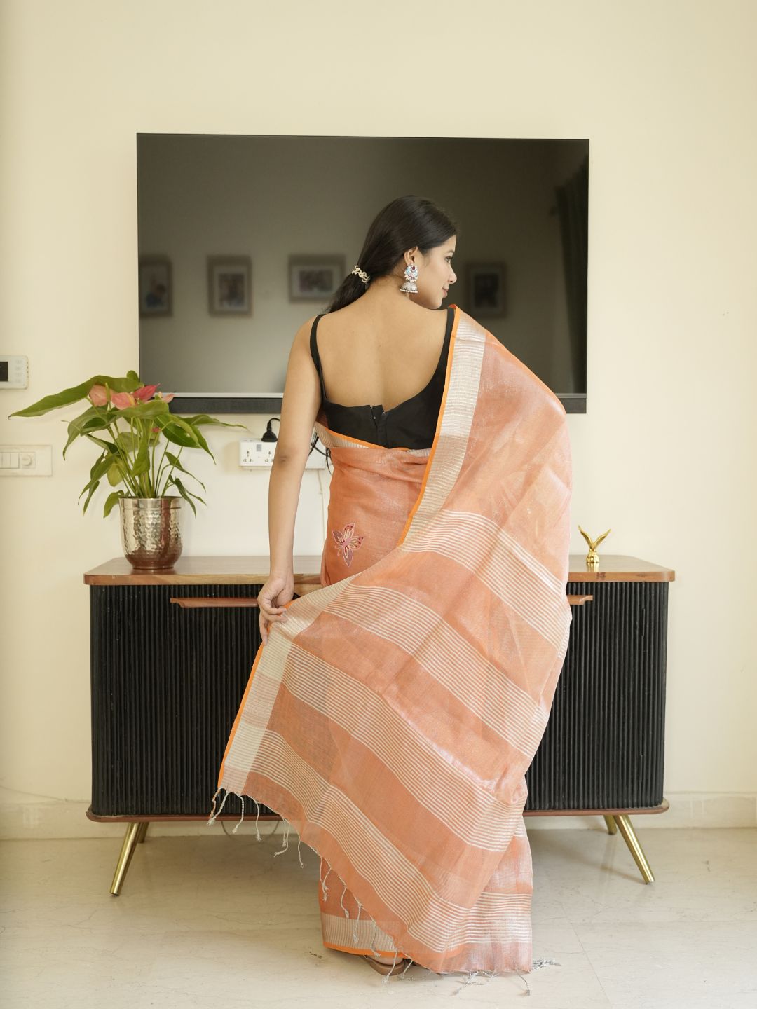 Orange Tissue Linen Saree With Hand Embroidery