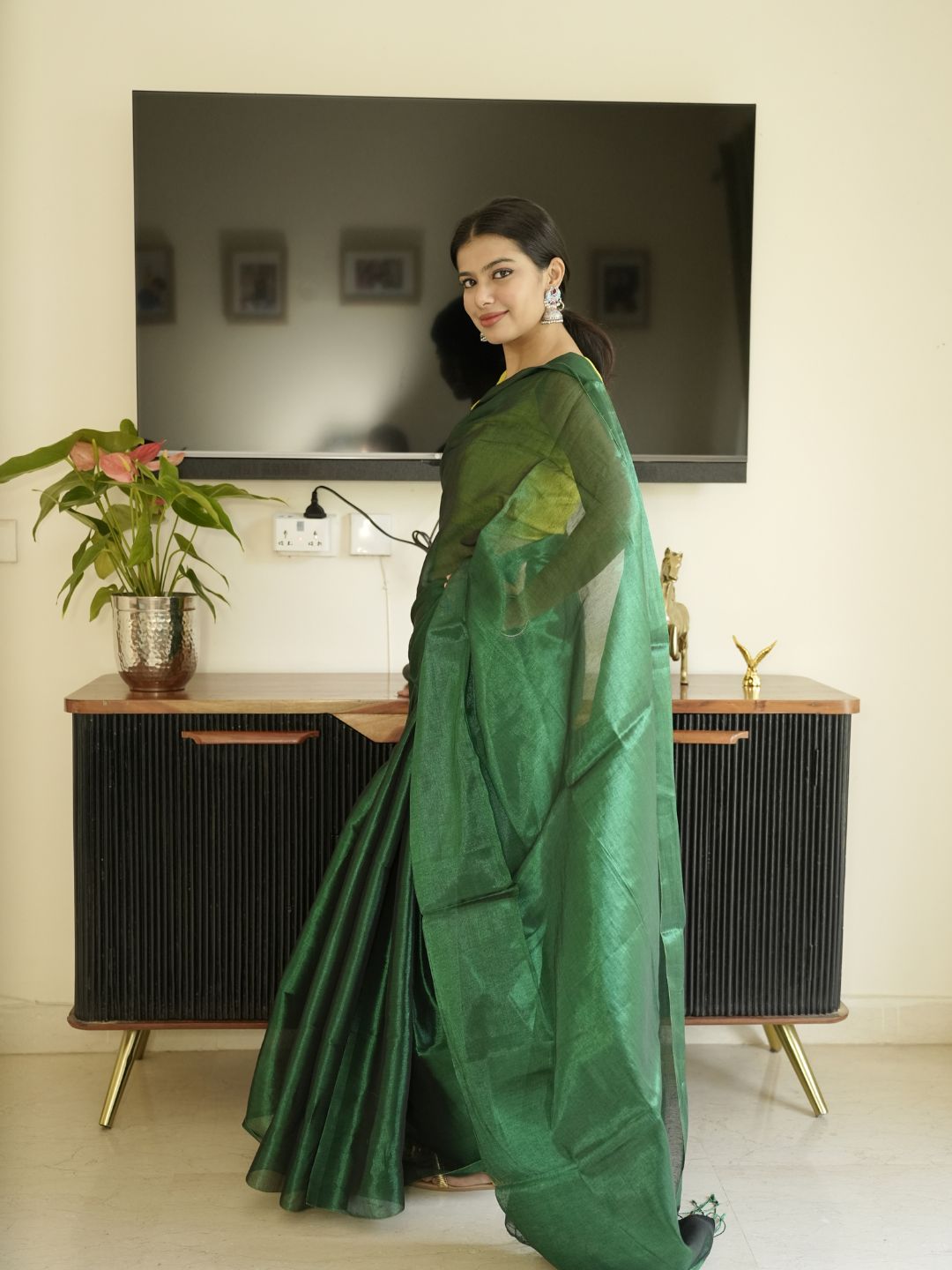 Green Glass Tissue Silk Saree