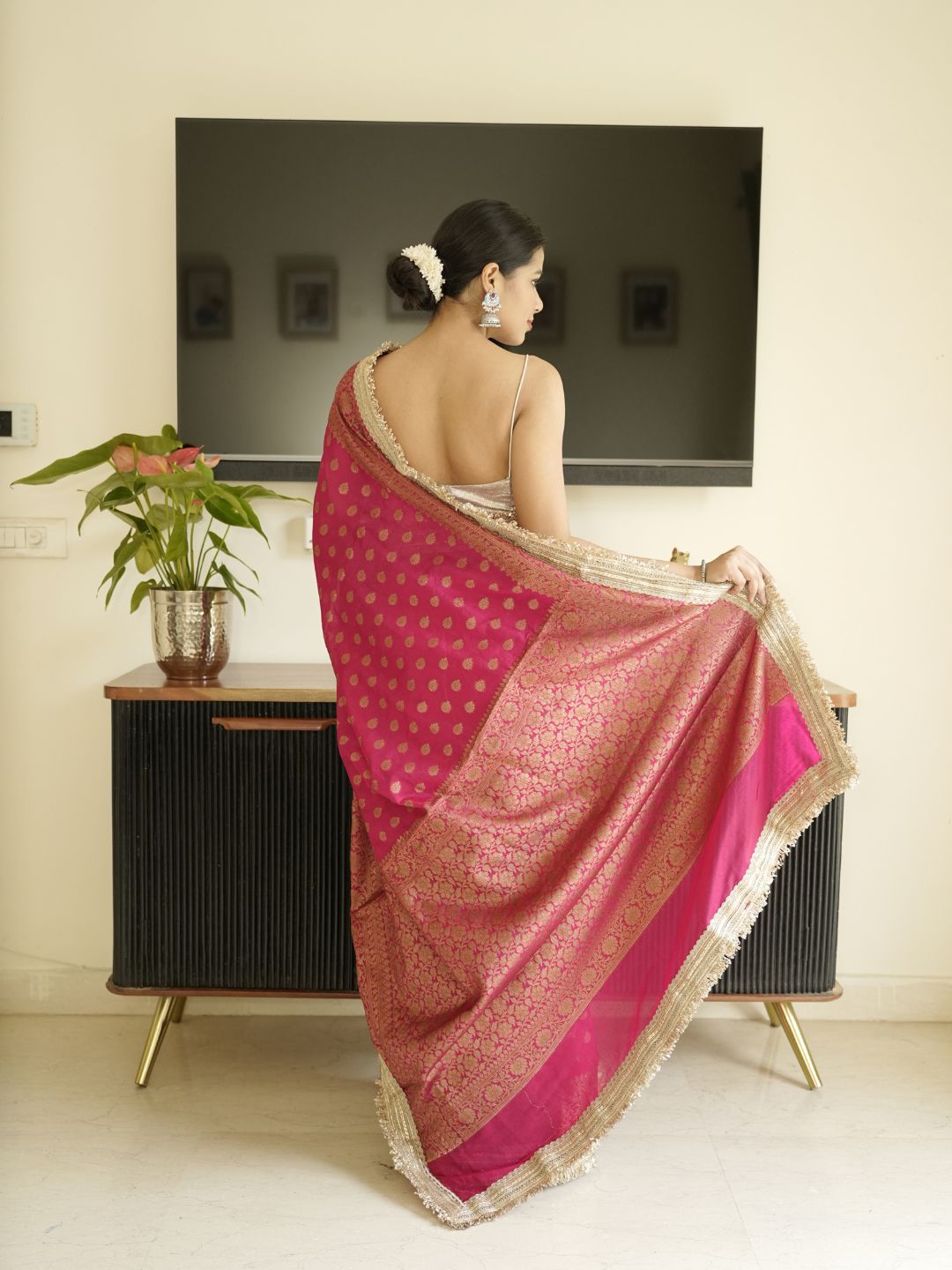 Pink-Gold Banarasi Silk Saree With Lace Border
