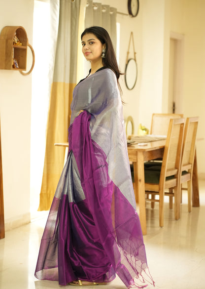 Moonlit Blush – Pink & Silver Glass-Finish Tissue Saree