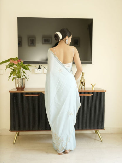 Blue Georgette Saree With Hand Zardoshi Work & Navy Blue Velvet Blouse Piece