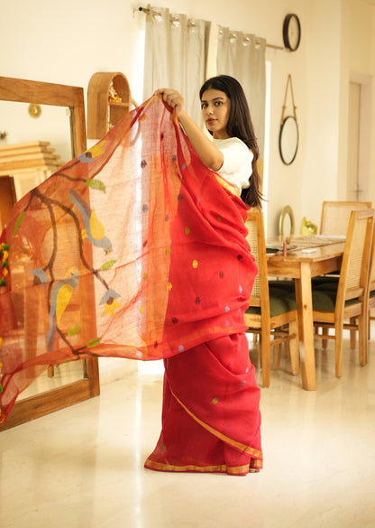 Paithani Blossom – Handpainted Red Linen Saree