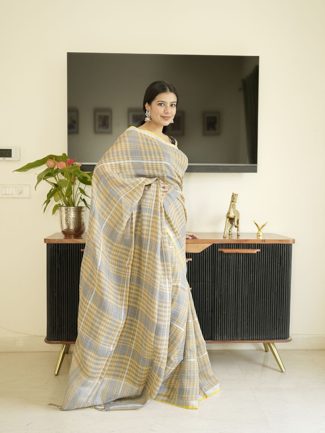 Yellow-Grey Checked Linen Saree
