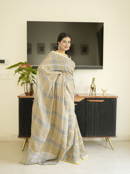 Yellow-Grey Checked Linen Saree