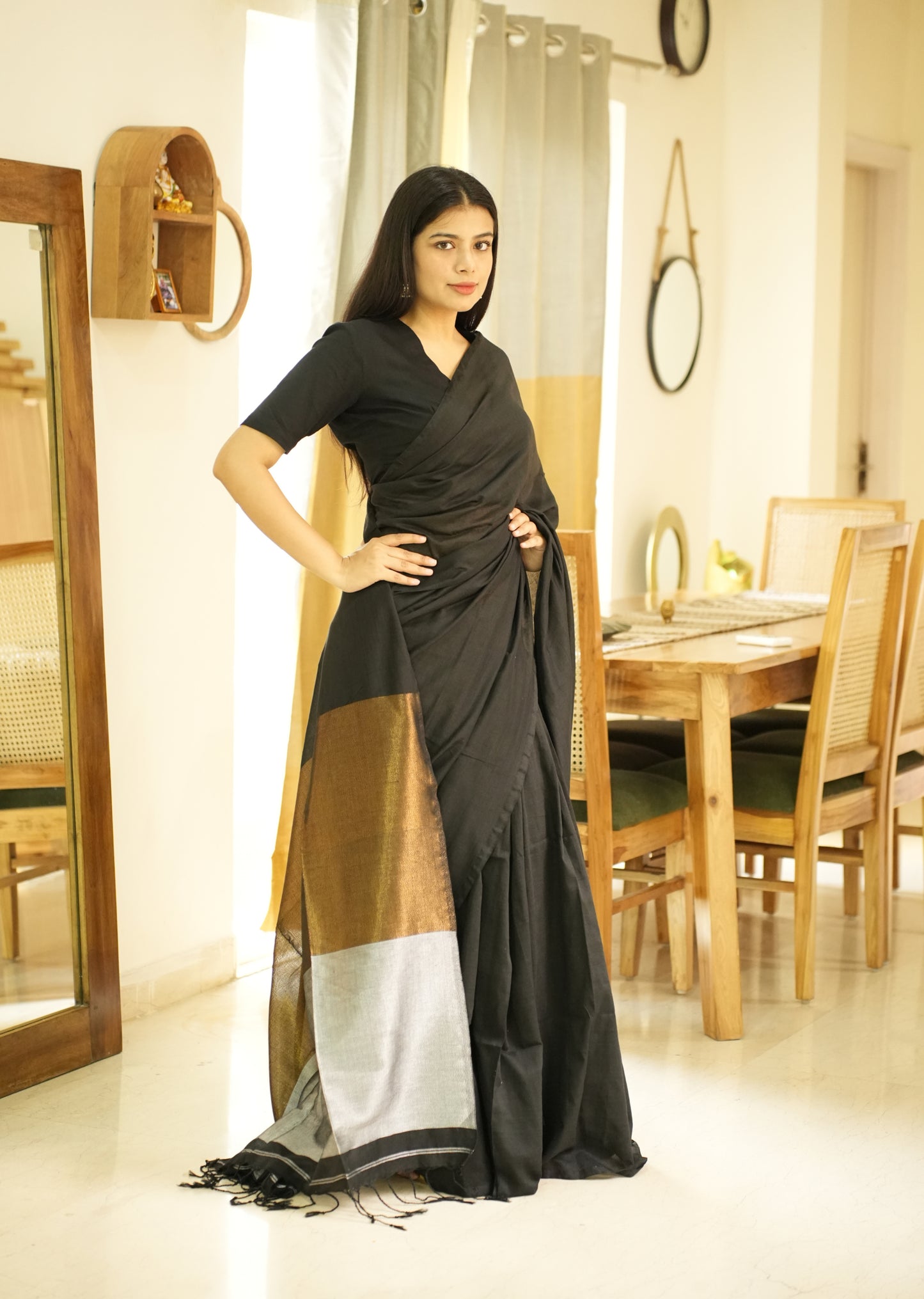 Twilight Tale – Black Cotton Saree with Gold & Silver Zari Pallu