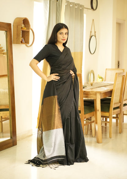 Twilight Tale – Black Cotton Saree with Gold & Silver Zari Pallu