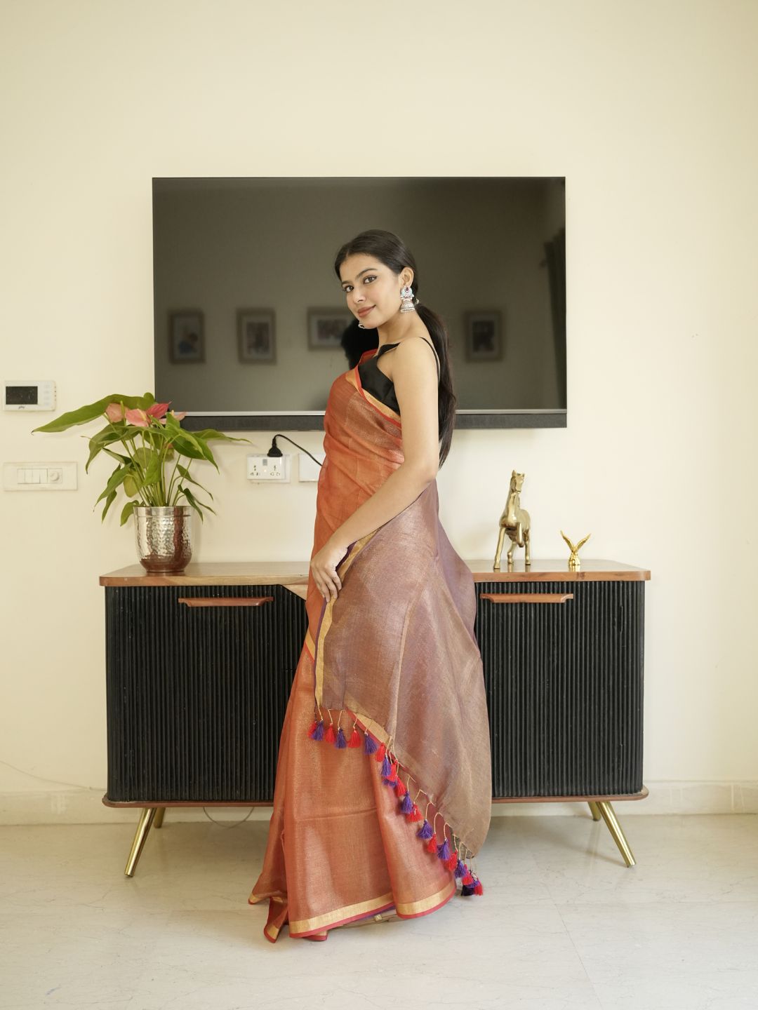 Orange & Brown Dual Tone Tissue Linen Saree