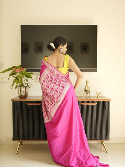 Pink Banarasi Silk Saree With Zari Border