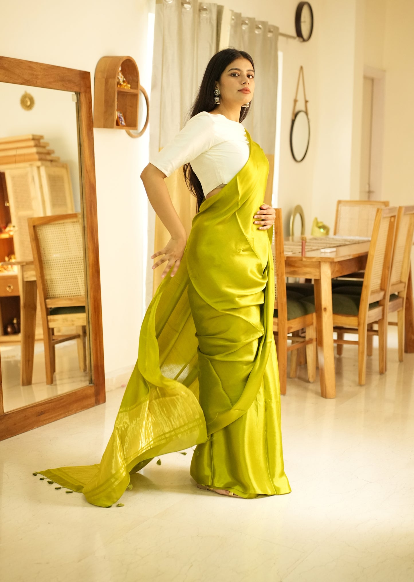 Lime Lustre –  Pure Silk Saree with Gold Zari Border