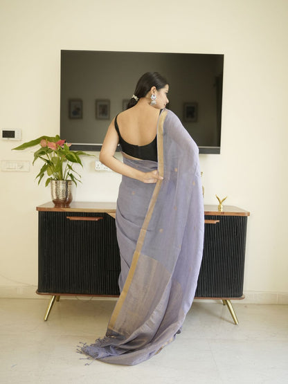 Lavender Linen Silk Saree With Zari Border