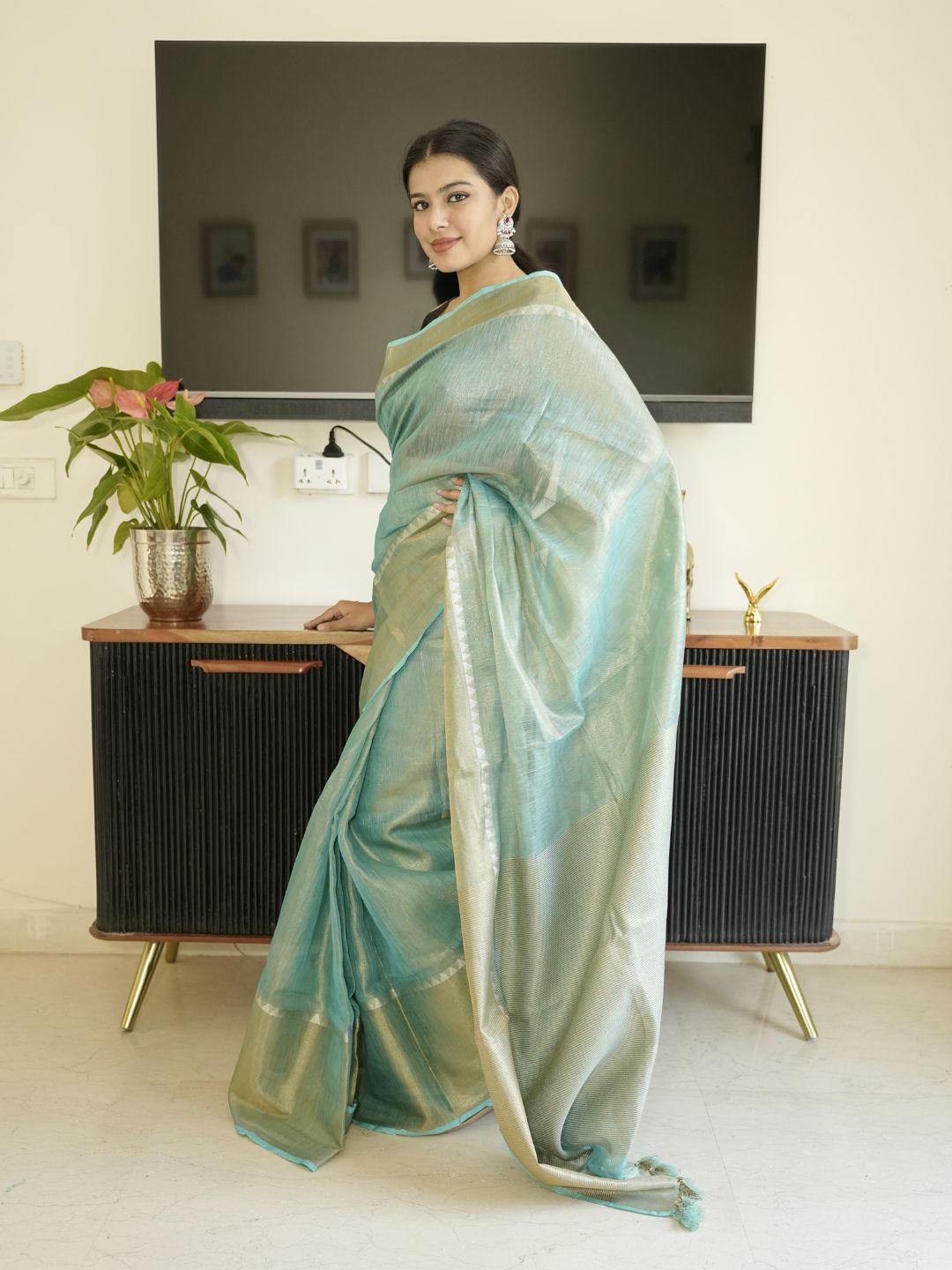 Blue Tissue Linen Saree With Zari Border