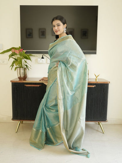 Blue Tissue Linen Saree With Zari Border
