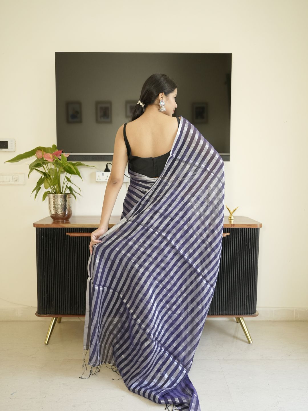 Blue Mul Cotton Saree With Zari Sripes