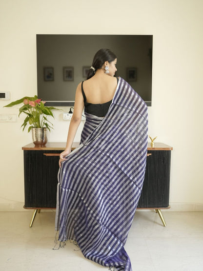 Blue Mul Cotton Saree With Zari Sripes