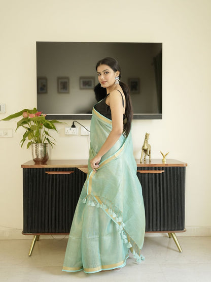 Green Tissue Linen Saree With Zari Border