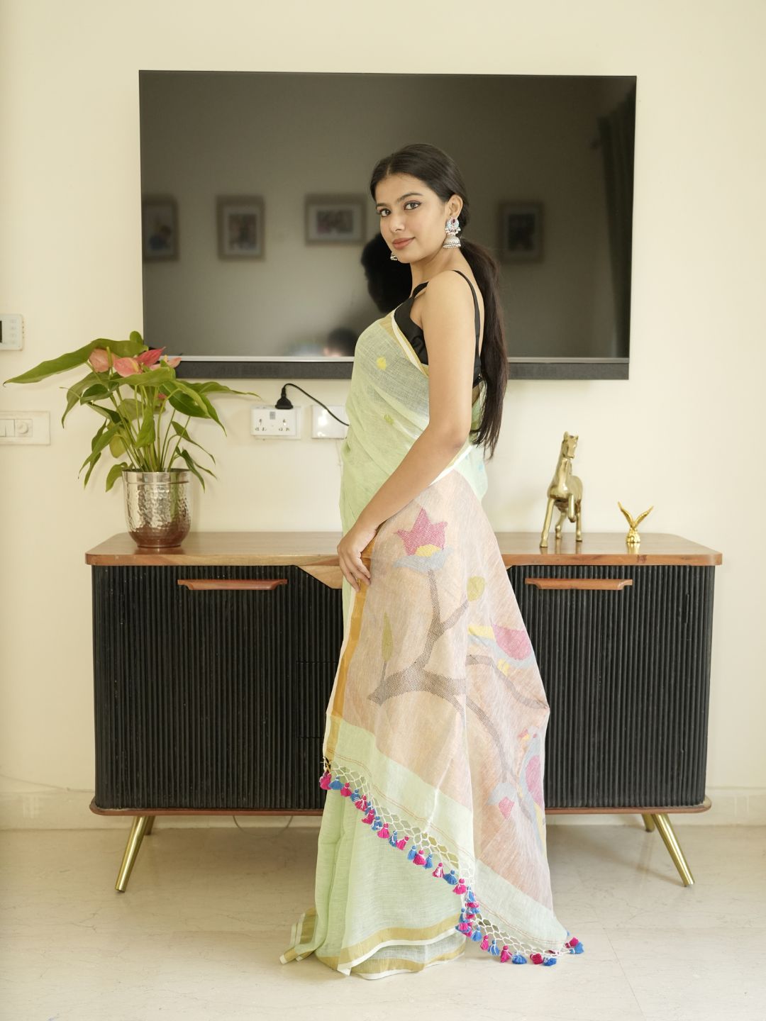 Green Paithani Linen Saree With Hand Embroidery
