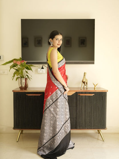 Red Banarasi Silk Saree With Black Border