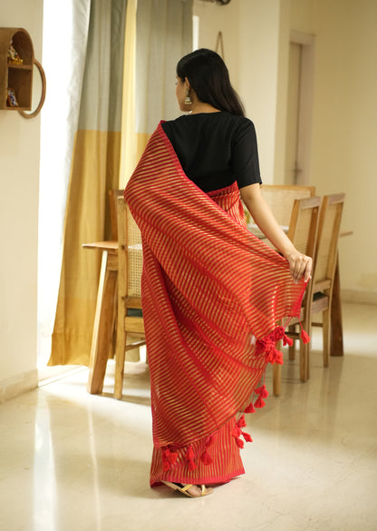 Golden Whisper – Red Mul Cotton Saree with Zari Stripes