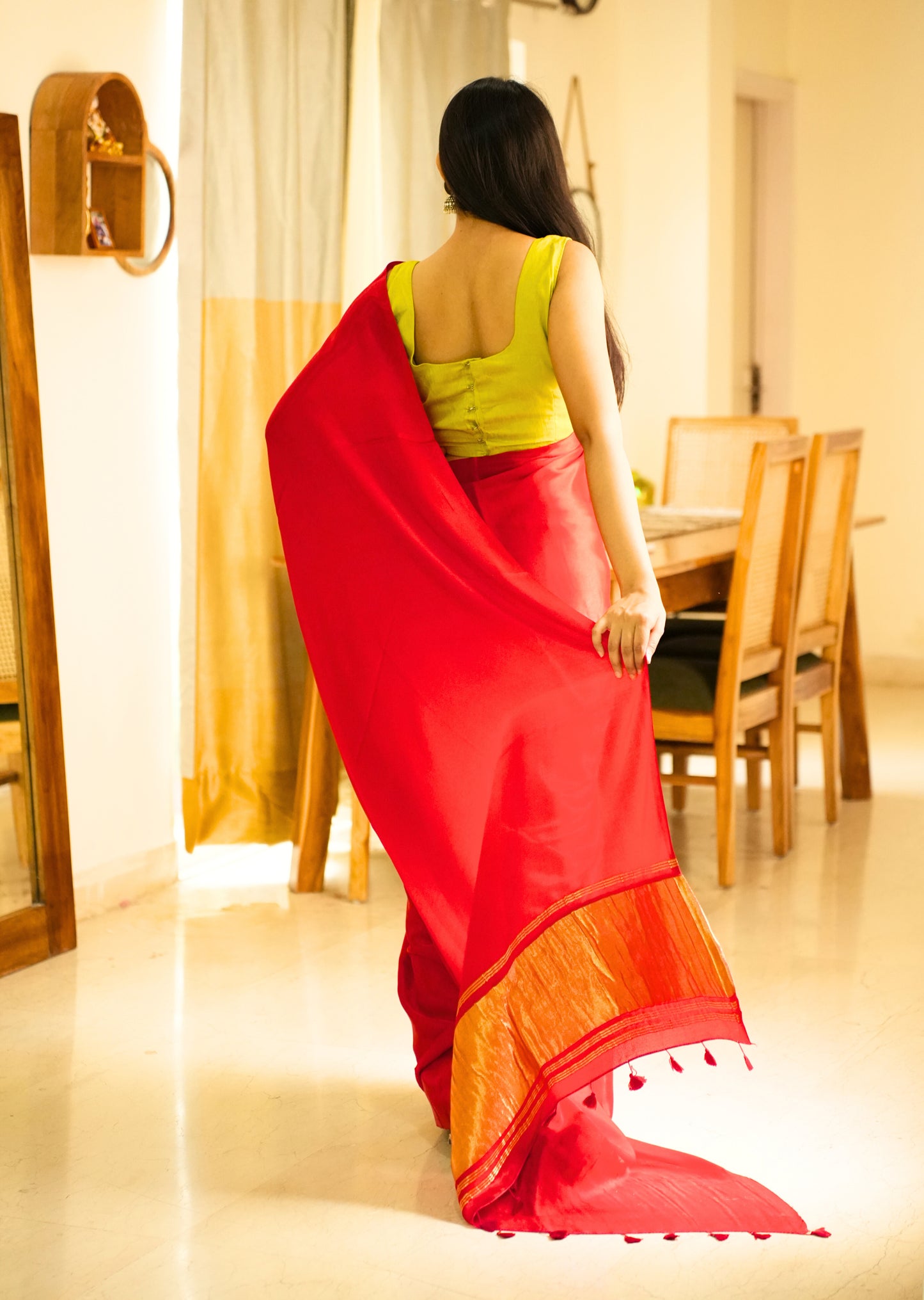 Crimson Glow – Red Silk Saree with Gold Zari Border
