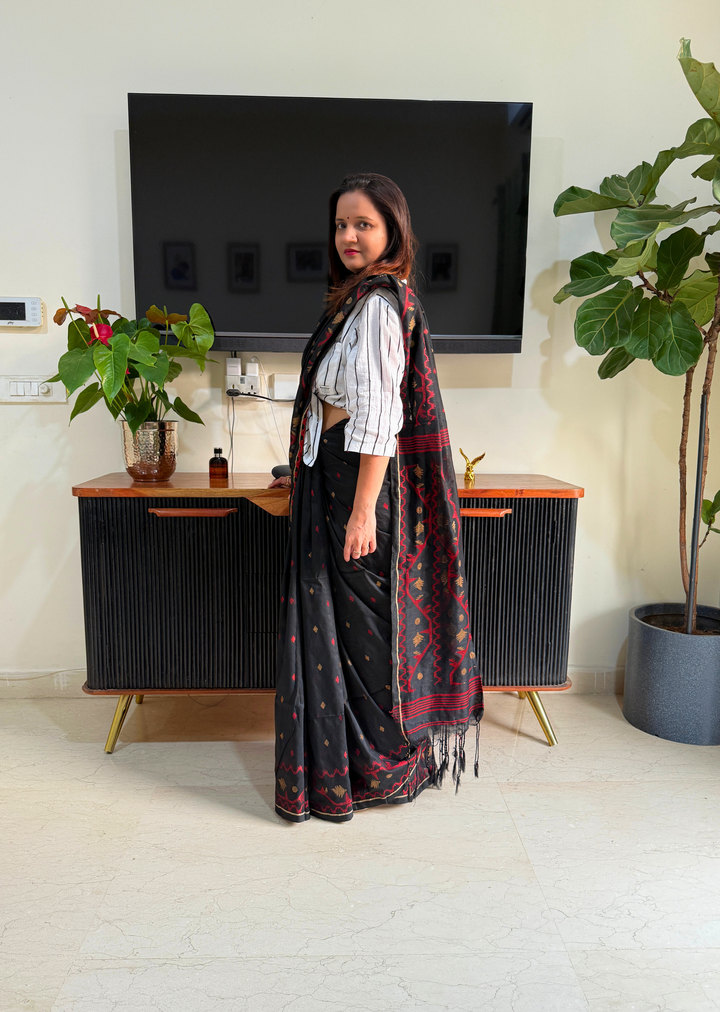 Black Jamdani Cotton Saree with Red & Gold Motifs