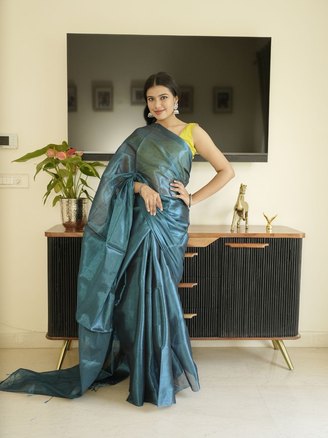 Blue Glass Tissue Silk Saree