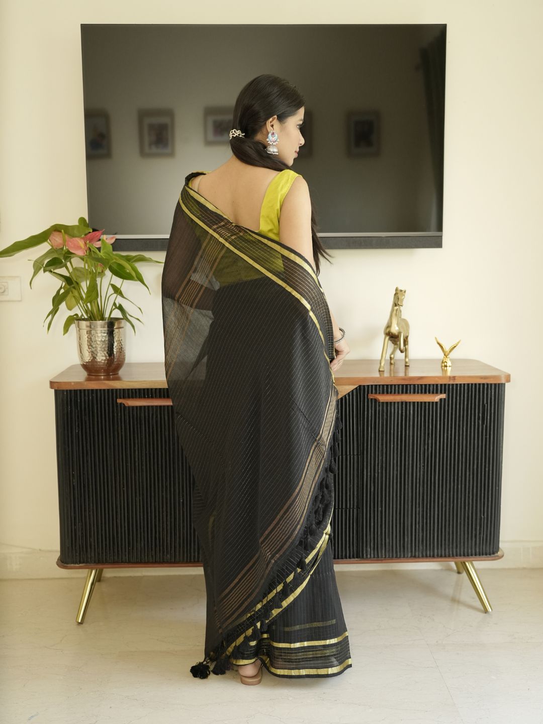 Black Mul Cotton Saree With Zari Sripes