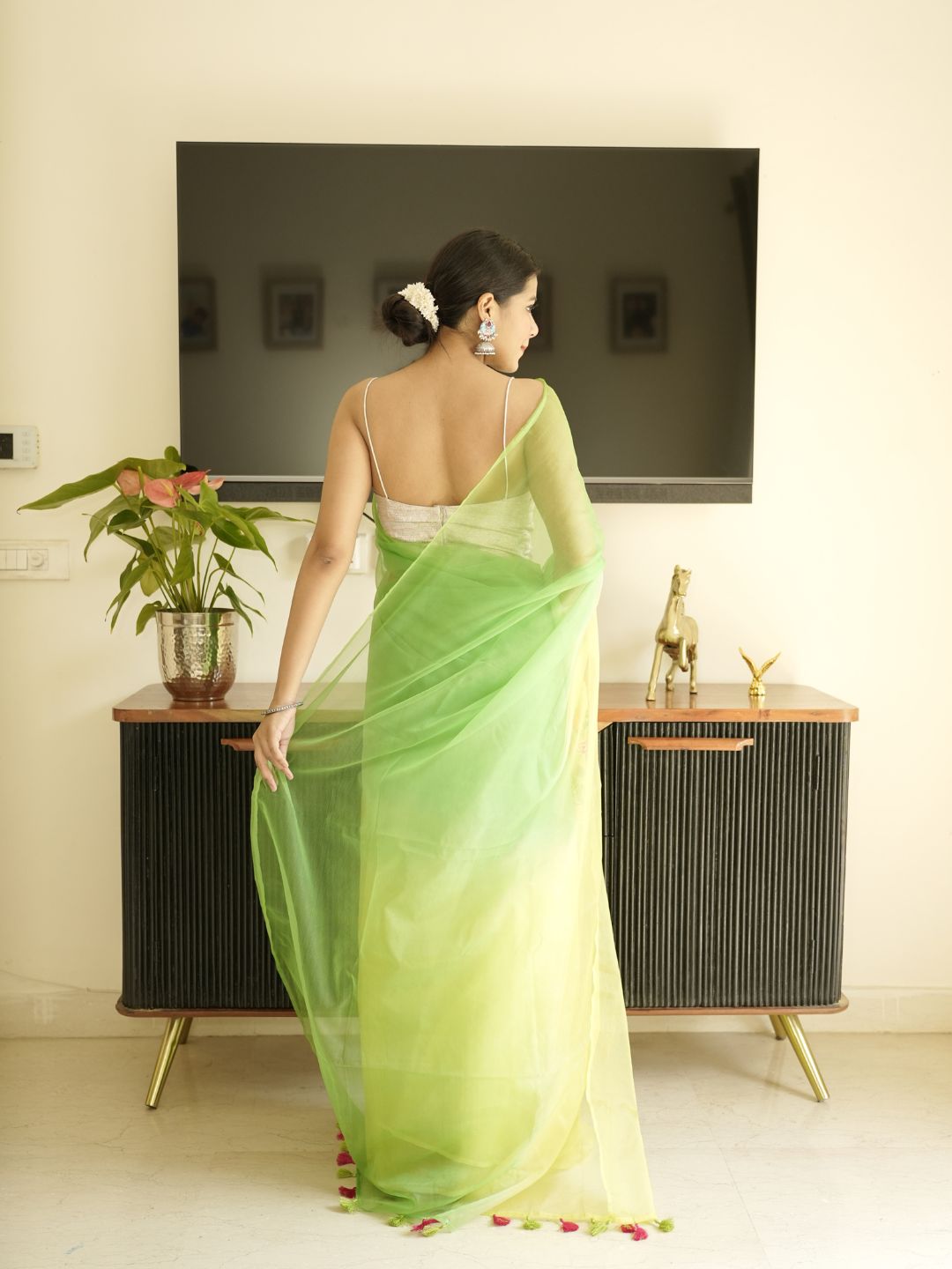 Green-Lime Green Ombre Organza Saree With Hand Embroidery