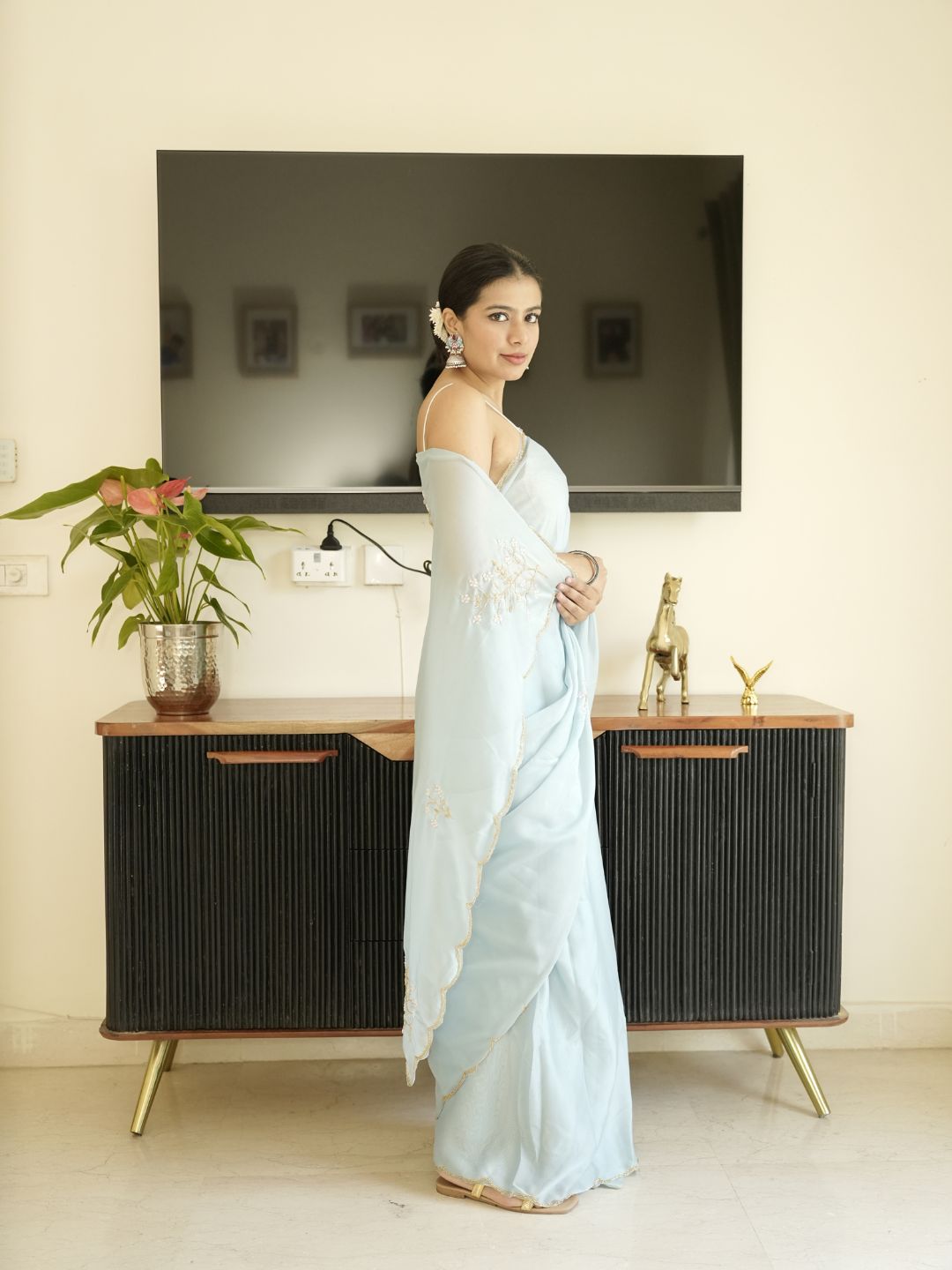 Blue Georgette Saree With Hand Zardoshi Work & Navy Blue Velvet Blouse Piece
