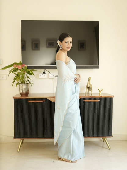 Blue Georgette Saree With Hand Zardoshi Work & Navy Blue Velvet Blouse Piece