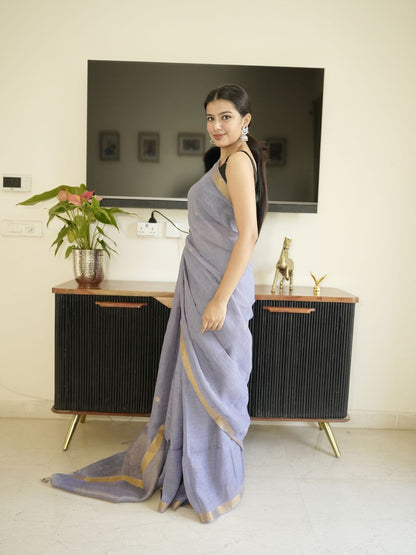 Lavender Linen Silk Saree With Zari Border