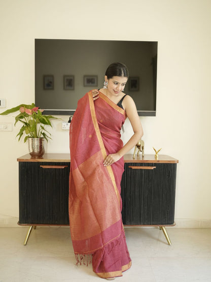 Red Linen Silk Saree With Zari Border