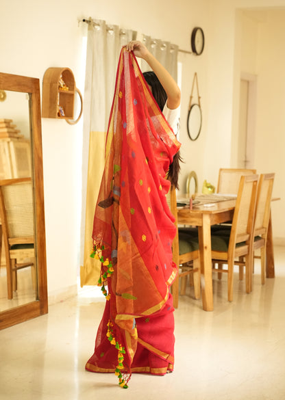 Paithani Blossom – Handpainted Red Linen Saree