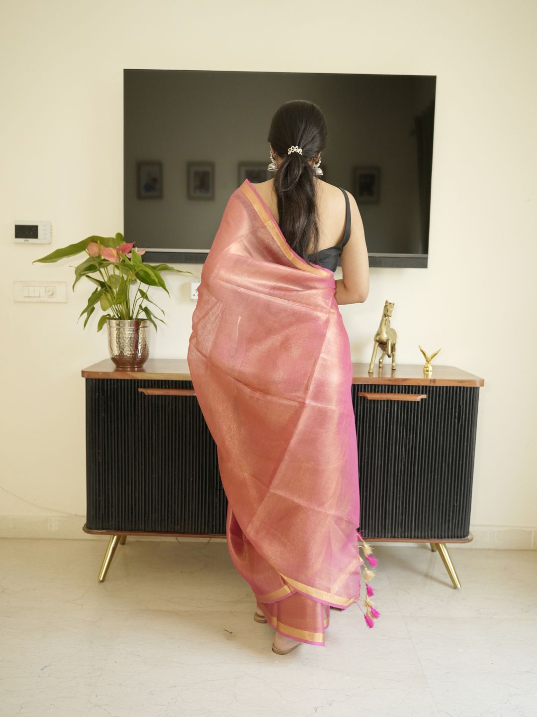 Orange Tissue Linen Saree With Zari Border