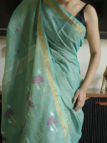 Green Linen Silk Saree With Zari Border