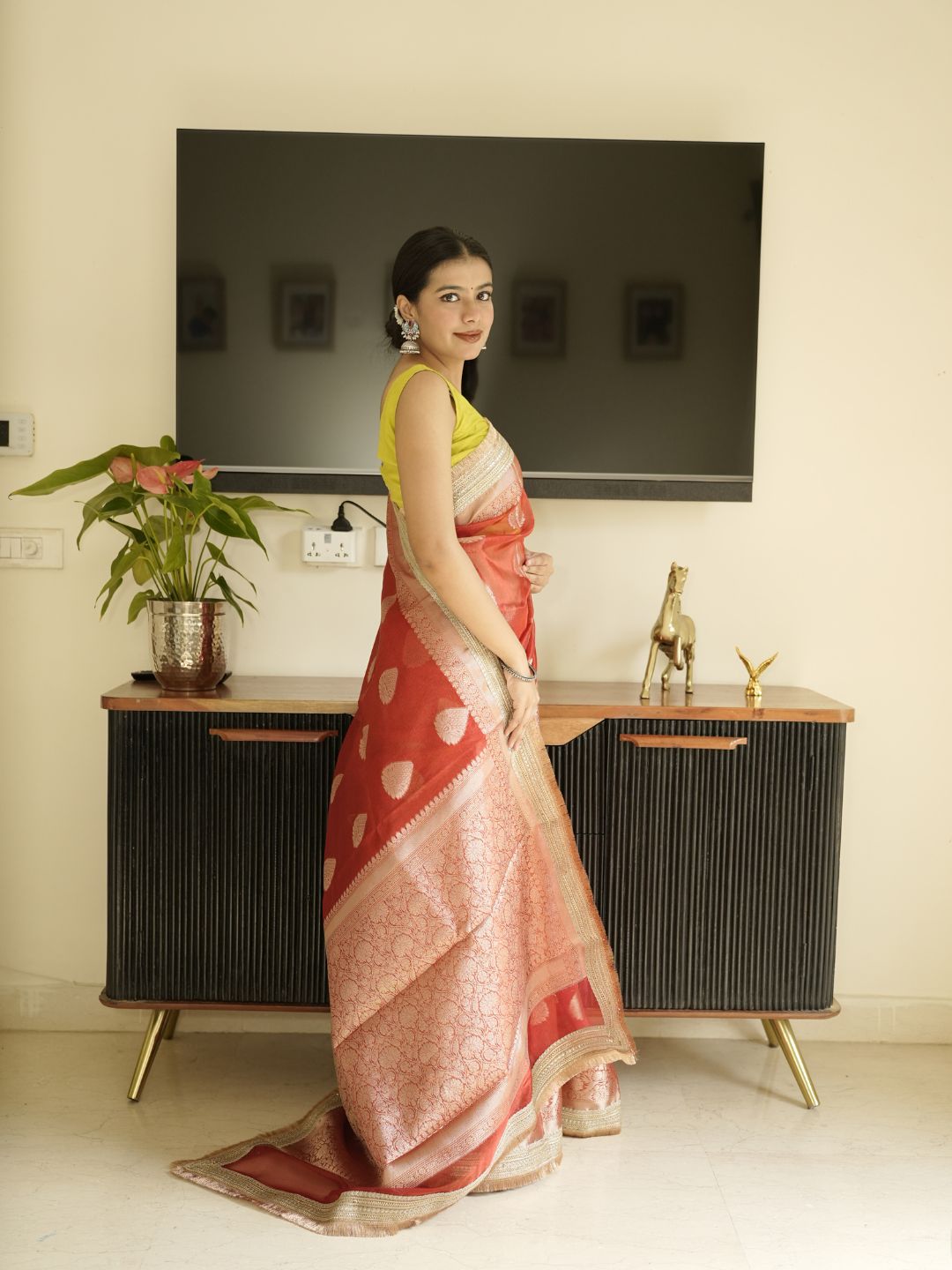 Red Banarasi Saree With Zari Border