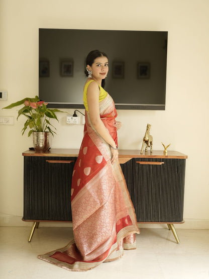 Red Banarasi Saree With Zari Border
