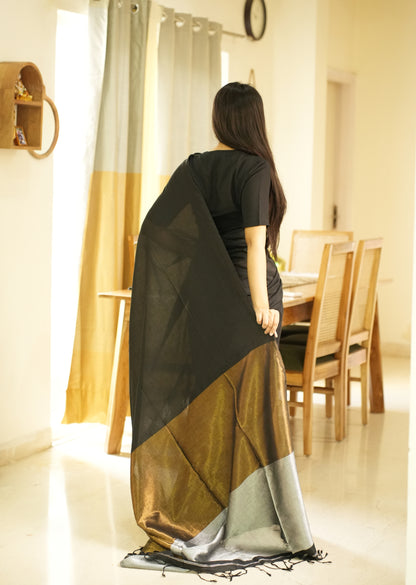 Twilight Tale – Black Cotton Saree with Gold & Silver Zari Pallu