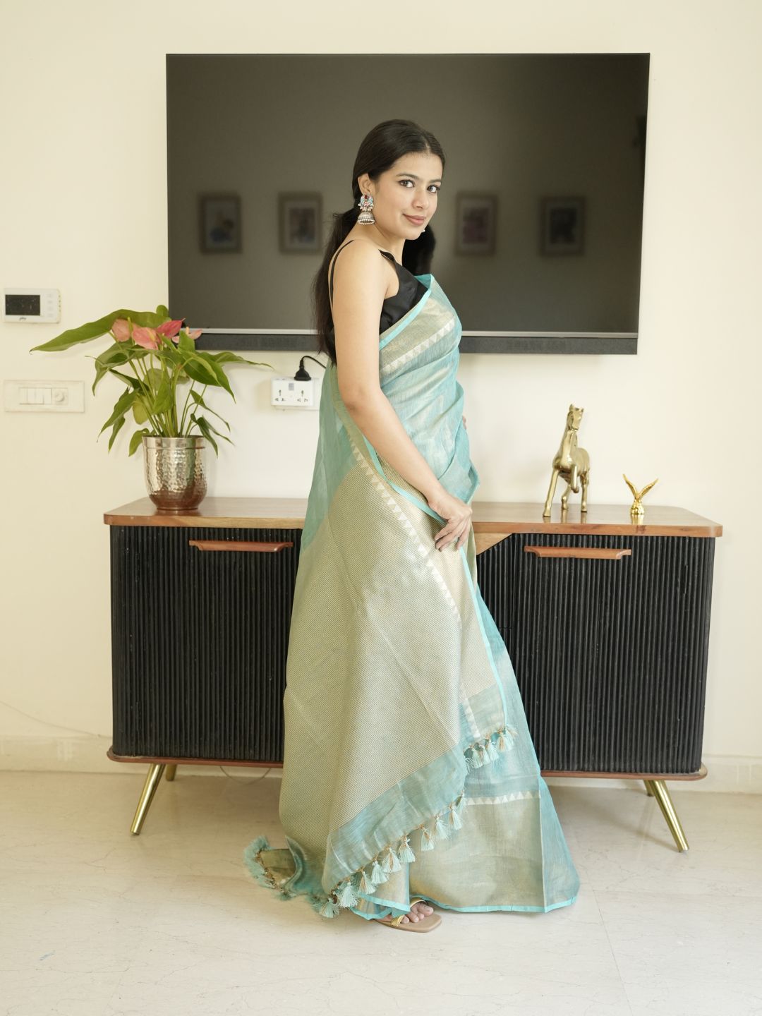Blue Tissue Linen Saree With Zari Border