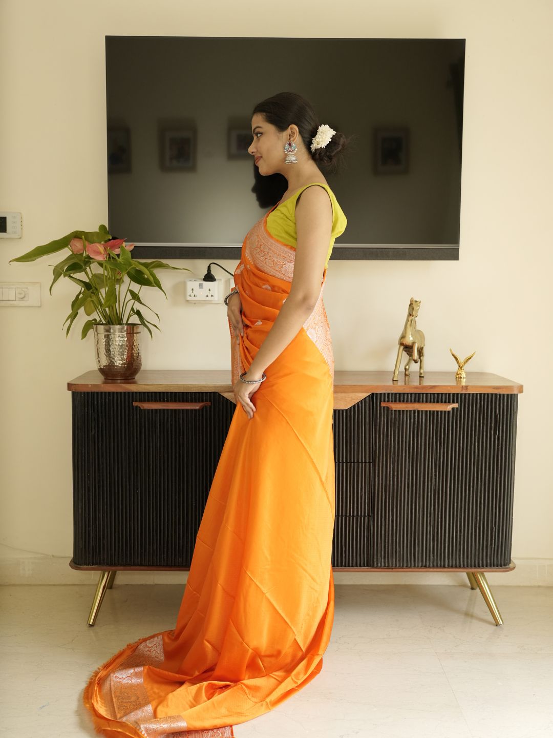 Orange Banarasi Silk Saree With Zari Border