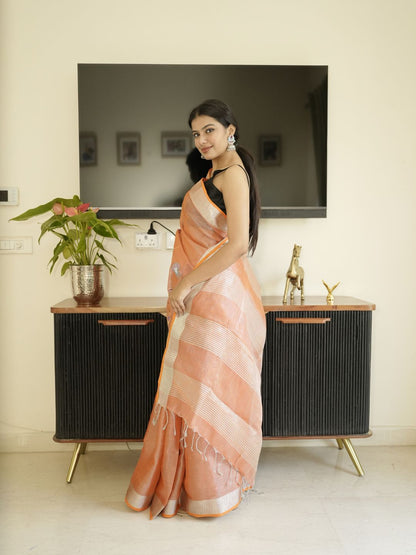Orange Tissue Linen Saree With Hand Embroidery