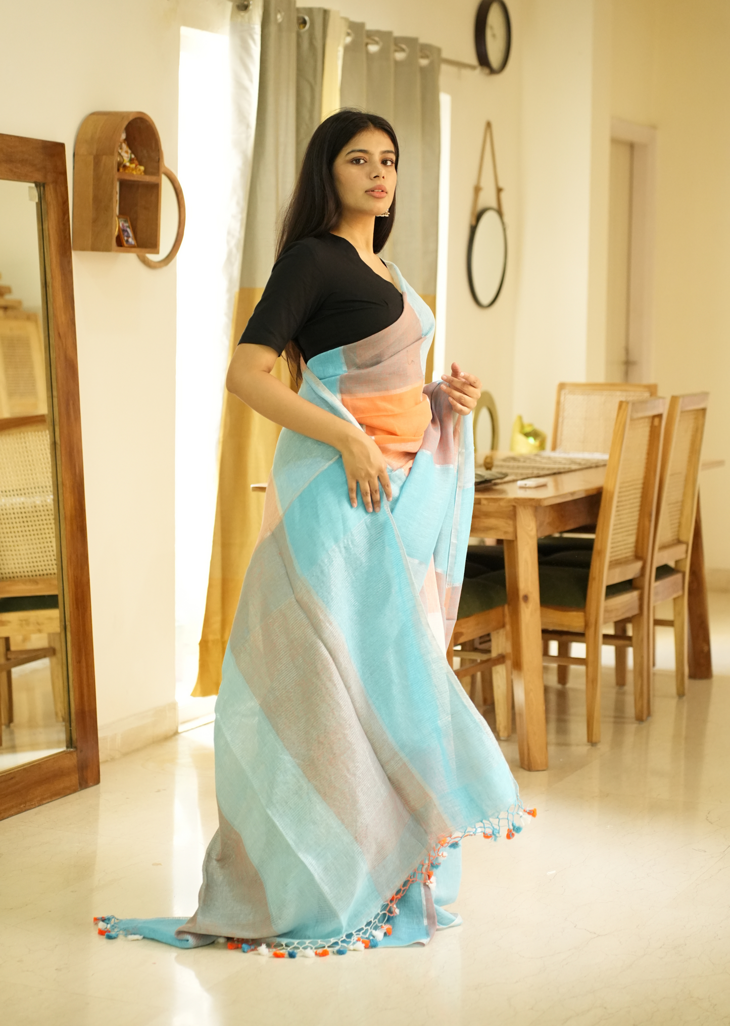 Vibrant Checks: Turquoise & Orange Linen Saree