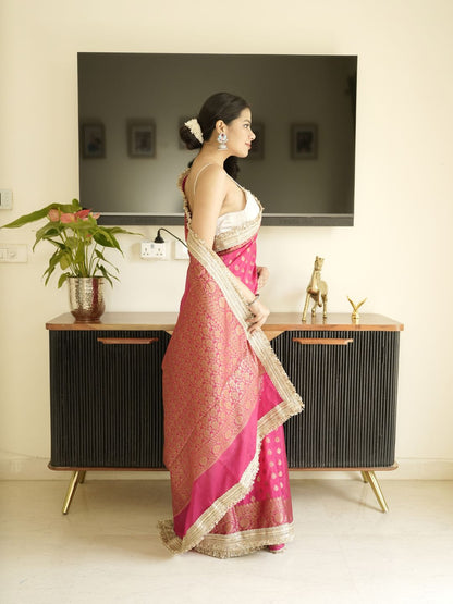 Pink-Gold Banarasi Silk Saree With Lace Border