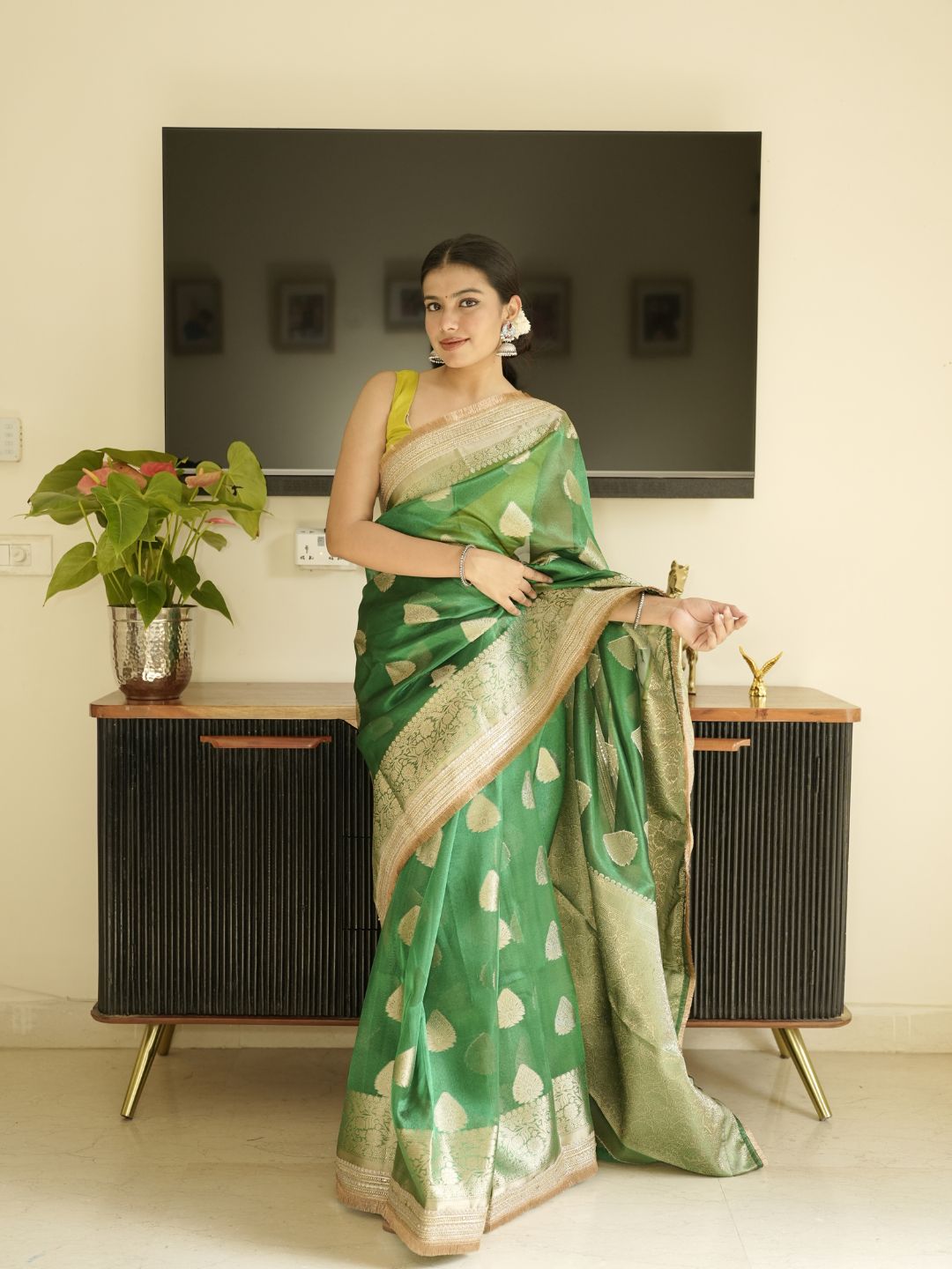 Green Banarasi Saree With Zari Border