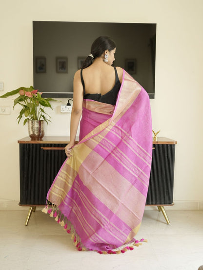 Pink Tissue Linen Saree With Zari Border