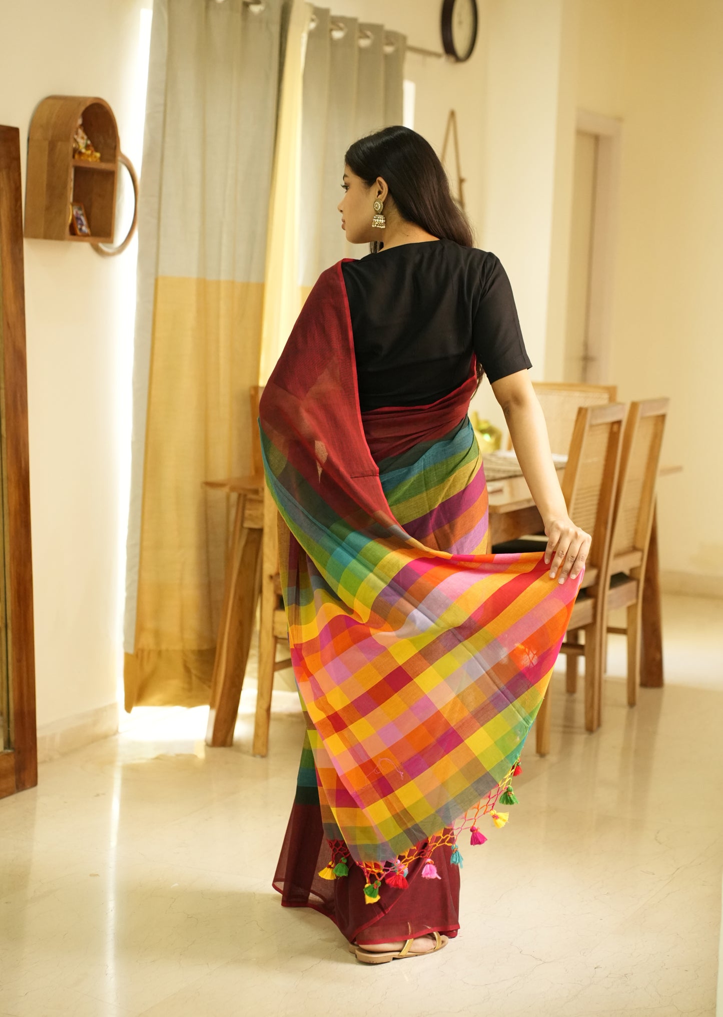 Red Palettes – Maroon Mul Cotton Saree with Striped Checked Pallu